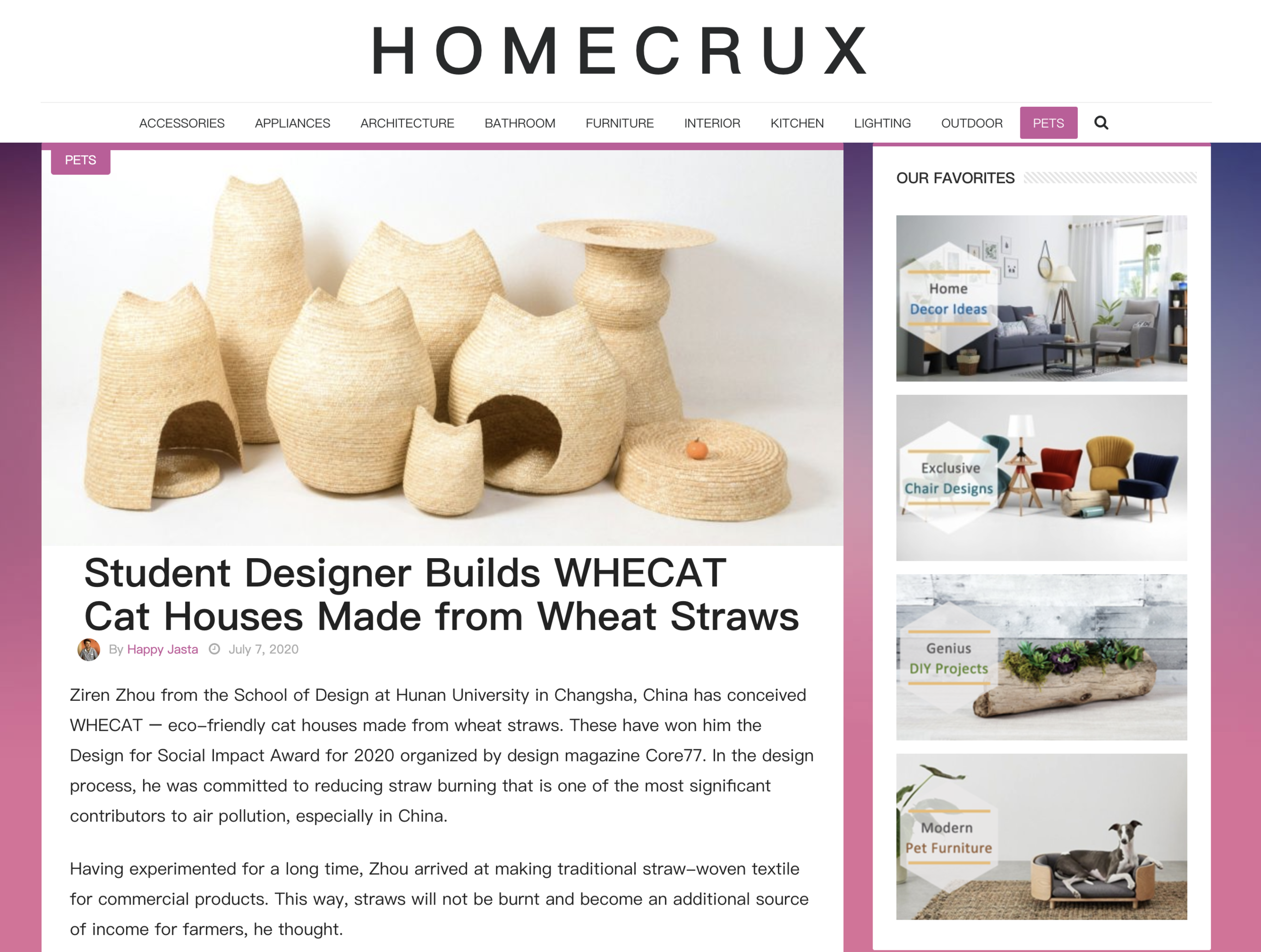 HomeCrux: Student Designer Builds WHECAT Cat Houses Made from Wheat Straws