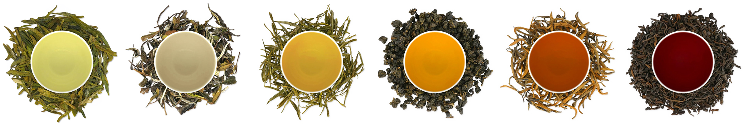 From left to right in turn: green tea, white tea, yellow tea, oolong tea, black tea, black tea, in turn increase the degree of roasting.从左到右依次为：绿茶、白茶、黄茶、乌龙茶、红茶、黑茶，其烘焙程度依次增加
